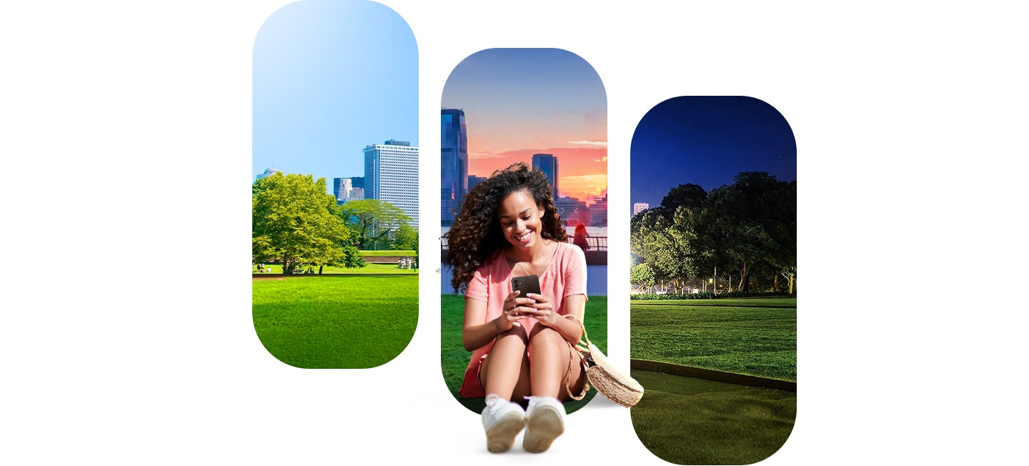 Se muestra un parque en diferentes momentos del día para mostrar la larga duración de la batería del Galaxy A24.