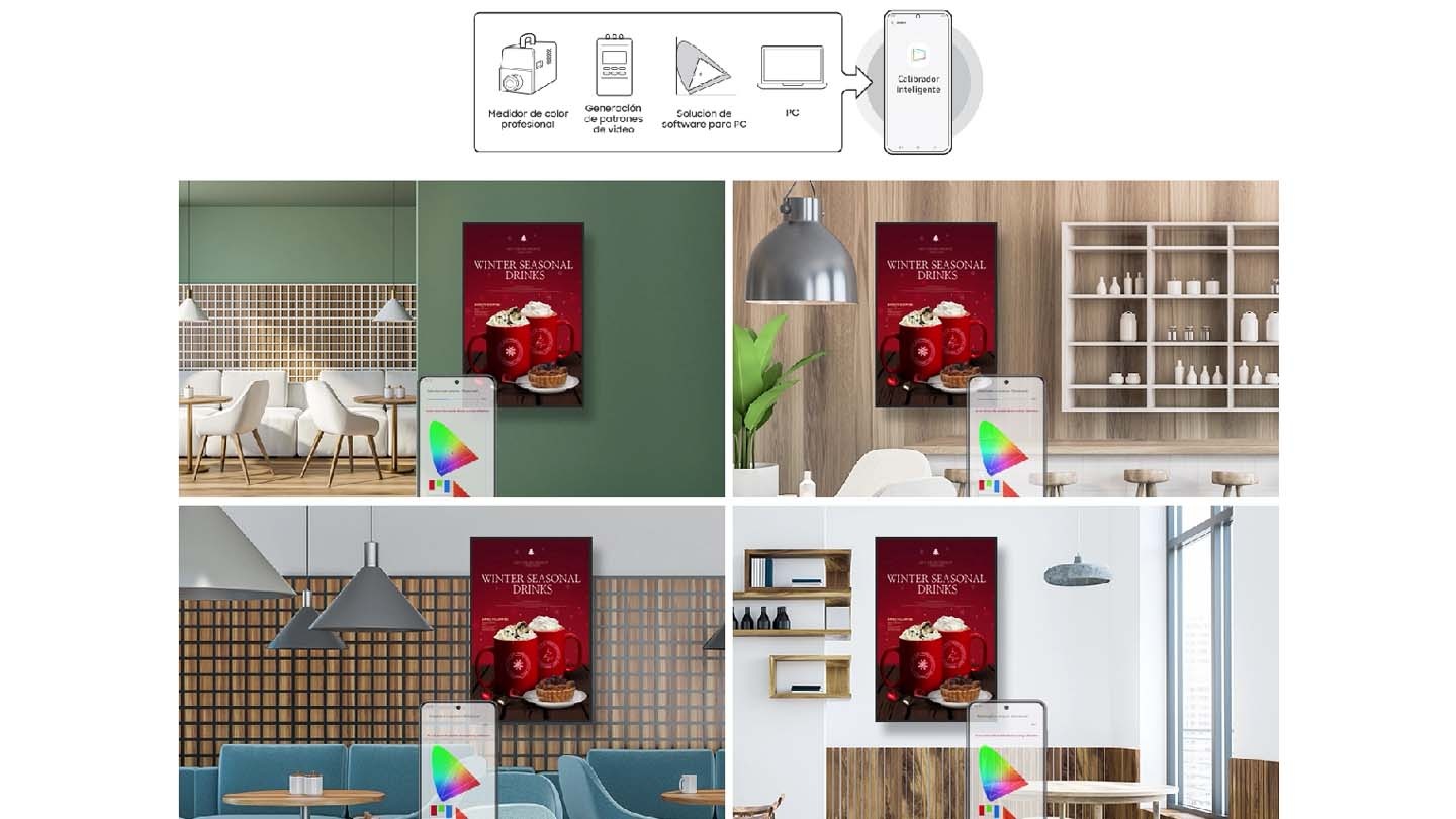 The Smart Calibration APP includes the functions of Professional Color meter, Video pattern generator, PC software solution, and PC. QMB are installed in each of the four locations, displaying the same image in different colors. Adjust each image with Smart Calibration to make it the same color.