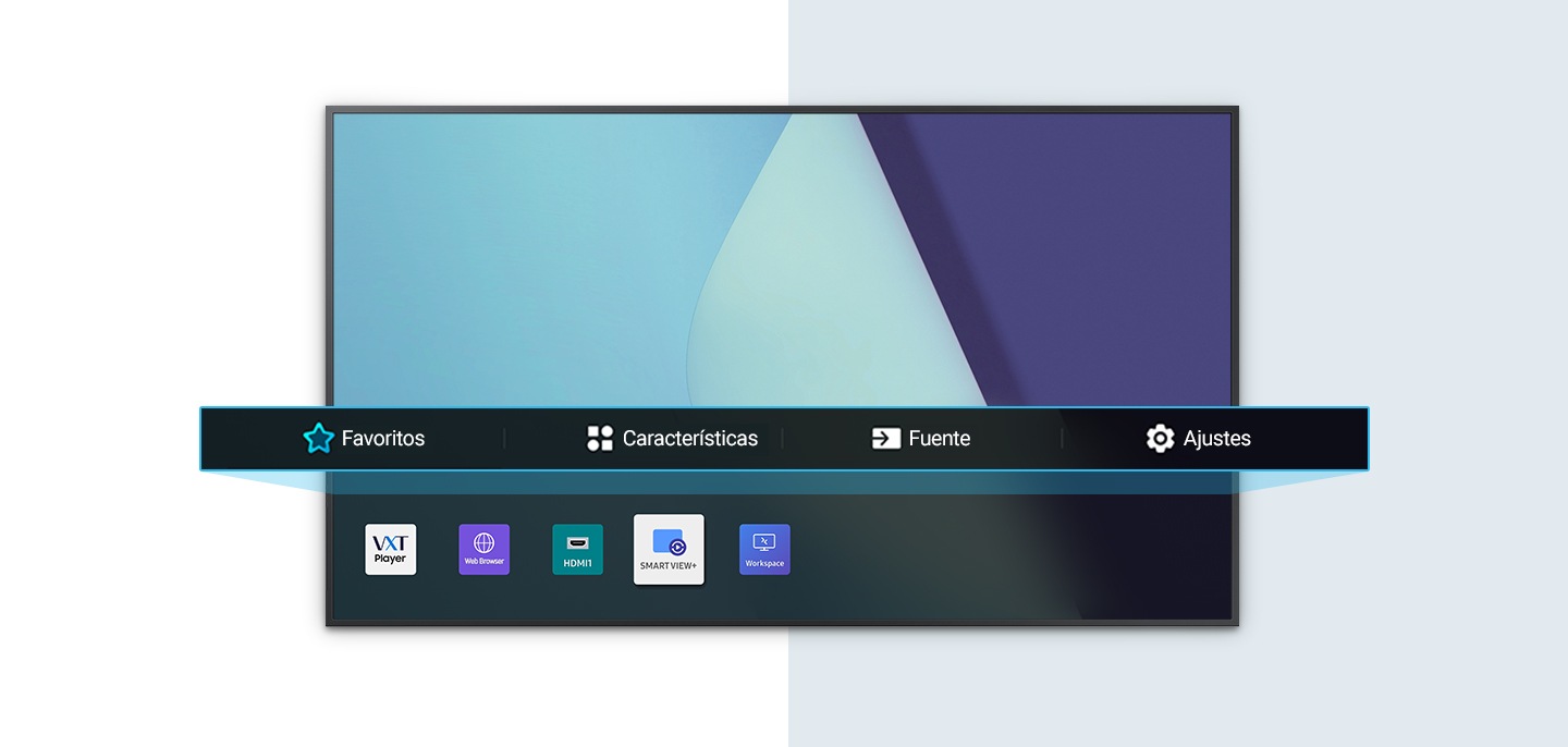 The QBC home screen shows the user interface. There are button for Favorites, Features, Source and Settings. With Favorites selected, frequently used functions are displayed like VXT, and Smartview+.