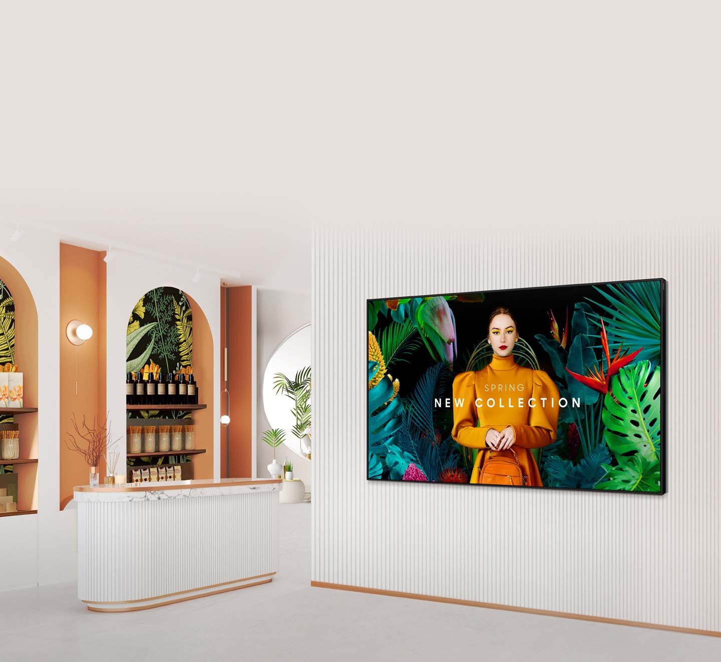 QBC is installed on the wall of the cosmetics store, next to a counter with beauty products on a shelf.