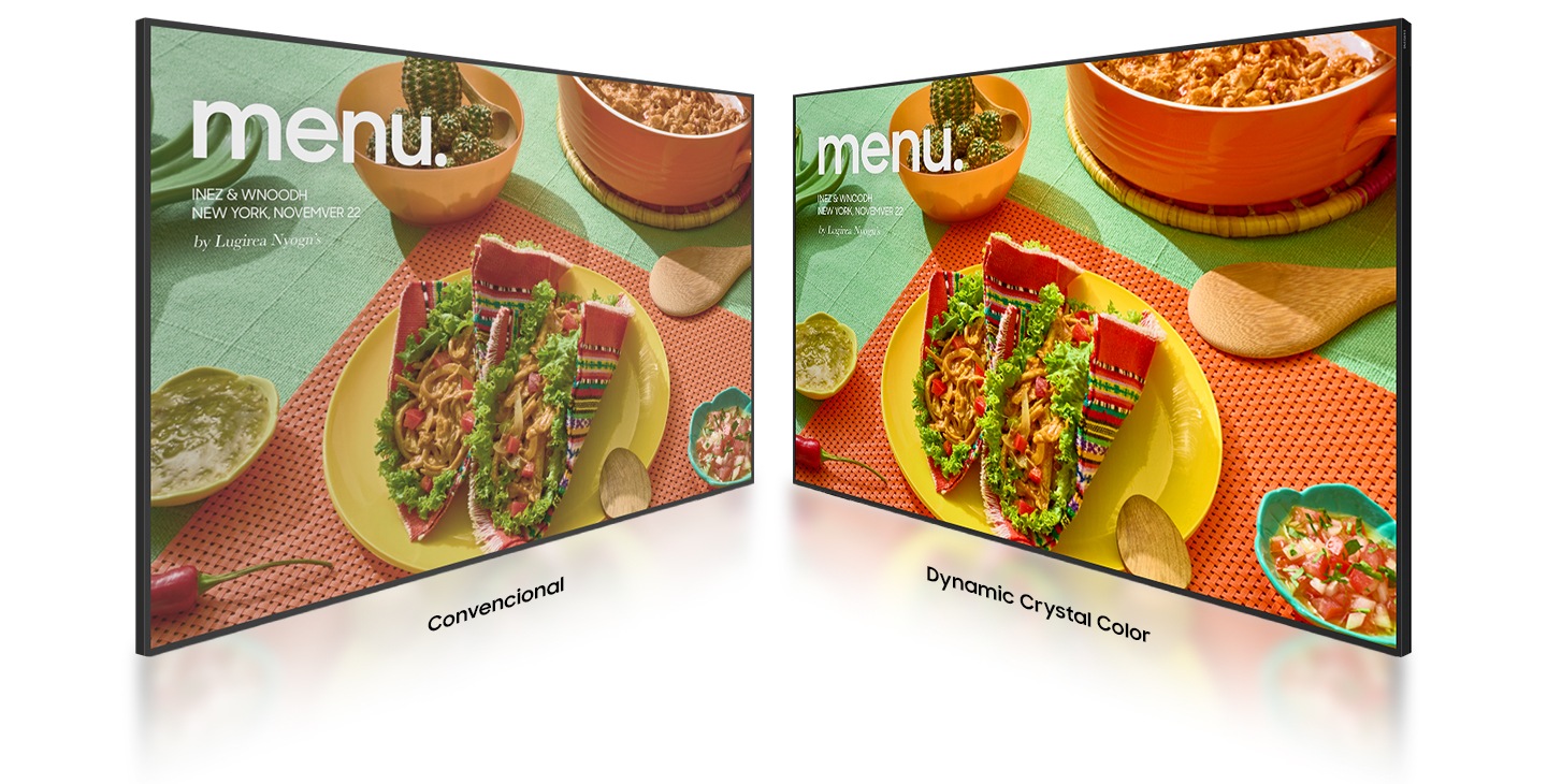 Conventional and Dynamic Crystal Color displays are compared, with the conventional display on the left, and Dynamic Crystal Color on the right. Conventional is less bright and not as colorful, and the screen is not clear. Dynamic Crystal Color has a variety of bright colors, and the screen is crisp and clear.