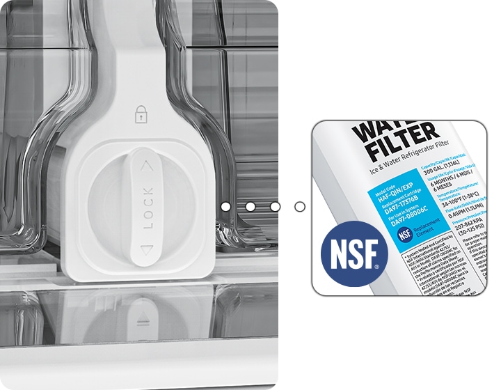 The Samsung water filter is NSF certified and shown on the filter. Turn the water filter to the right to install it.