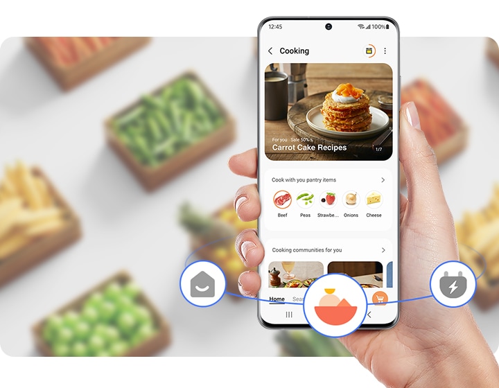 A person is using the SmartThings mobile app to cook.
