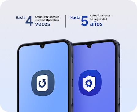 Se muestran dos Galaxy A25 5G en color Azul Oscuro uno al lado del otro. En la pantalla del primer dispositivo aparece el icono OS Update. En la pantalla del segundo dispositivo aparece el icono de Knox Advanced Setting. Actualizaciones del Sistema Operativo hasta 4 veces, Actualizaciones de Seguridad hasta 5 años. 