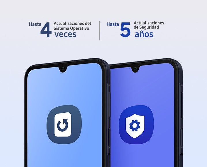 Se muestran dos Galaxy A15 en color Azul Obscuro uno al lado del otro. En la pantalla del primer dispositivo aparece el icono OS Update. En la pantalla del segundo dispositivo aparece el icono Knox Advanced Setting. Hasta 4 actualizaciones del Sistema Operativo, hasta 5 años de actualizaciones de seguridad. 