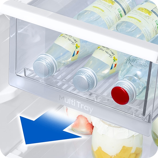 The Multi Tray allows the user to have a more efficient use of the refrigerator space. The tray fits just under each shelf to store small items such as bottles.