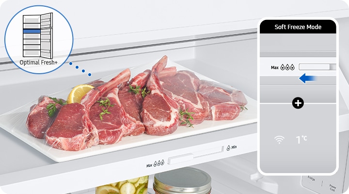 The meat is stored fresh in the Optimal Fresh+ drawer. When the temperature on the screen is 1 degree and the knob is located in Max, the soft freezing mode is set. The Optimal Fresh+ drawer is located at the top of the refrigerator.