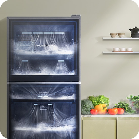 The interior of the refrigerator is visible and cold air spreads through all storage spaces.