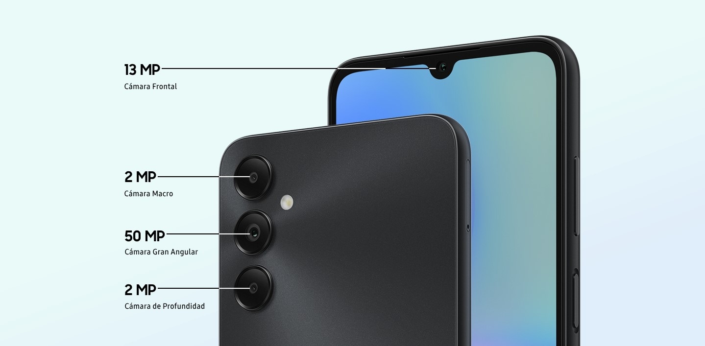 Se muestra la parte delantera y trasera del Galaxy A05s para lucir sus cuatro cámaras múltiples, incluyendo la Cámara Frontal de 13 MP, la Cámara Macro de 2 MP, la Cámara Gran Angular de 50 MP y la Cámara de Profundidad de 2 MP.