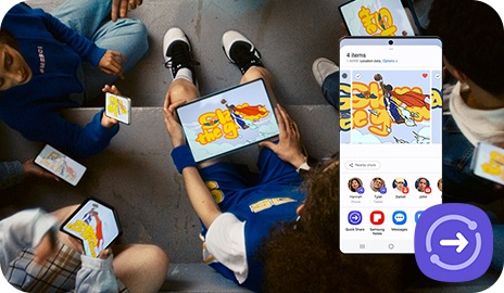 Se muestra un grupo de personas viendo la misma imagen en cada uno de sus dispositivos. A la derecha hay un smartphone Galaxy que muestra la pantalla Quick Share. El icono de Quick Share aparece junto al teléfono.