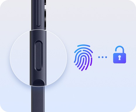 Se muestra un perfil lateral del Galaxy A25 5G, con el sensor de huellas digitales agrandado. Justo al lado del sensor, se muestran un icono de huella digital y un icono de desbloqueo con una breve línea de puntos entre ellos.