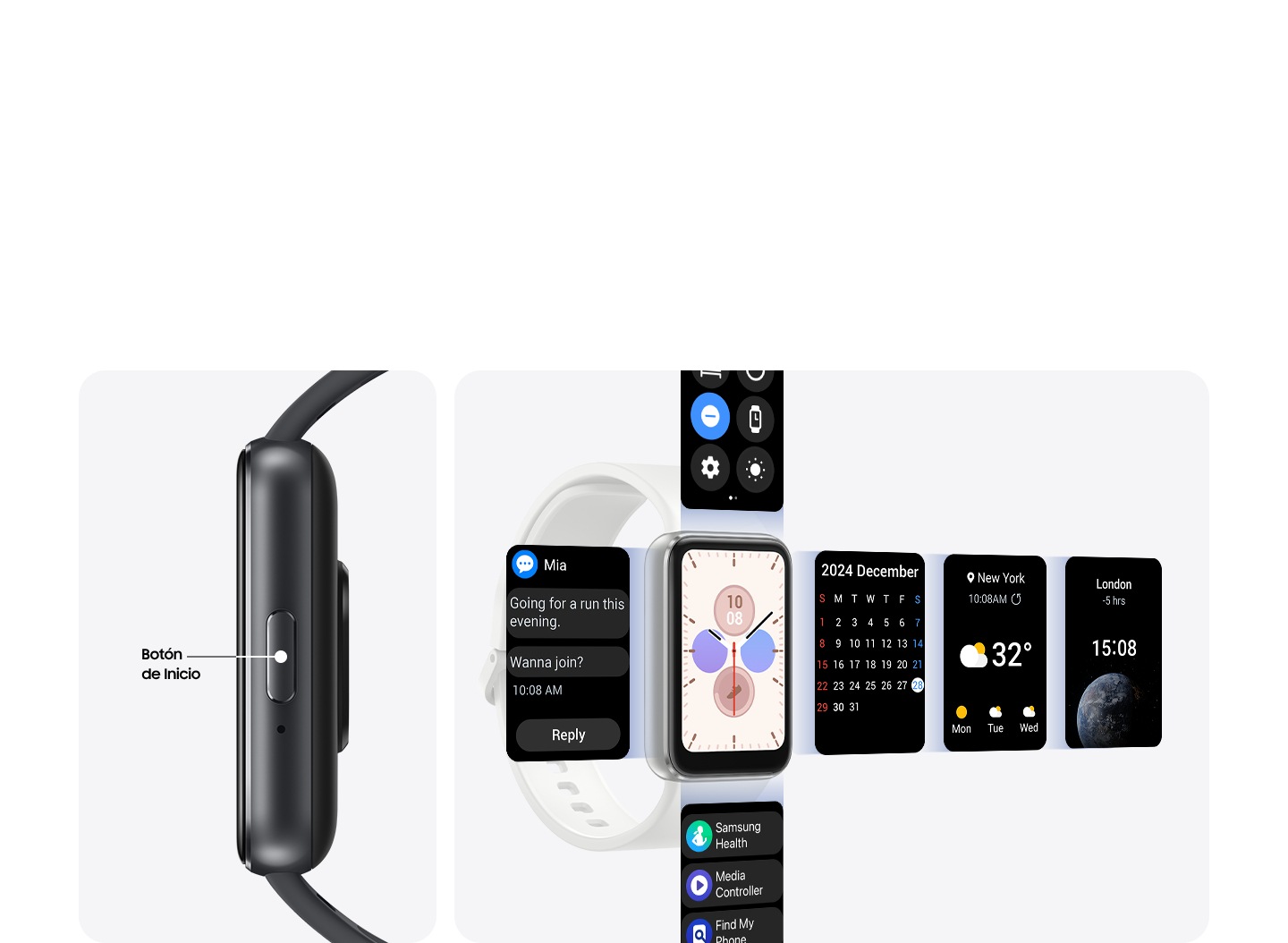 Se muestra un Galaxy Fit3 con el botón de inicio en primer plano y el texto "Botón de inicio". A su lado está el Galaxy Fit3 con varias pantallas, como la del clima y el reloj mundial, que se extienden desde su pantalla en cuatro direcciones para indicar la facilidad de navegación.