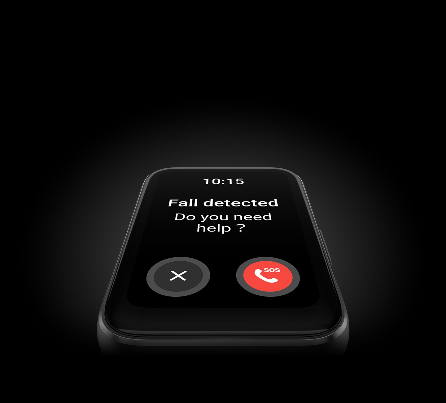 Se muestra un Galaxy Fit3 mostrando la pantalla de detección de caídas en primer plano, preguntando "¿Necesitas ayuda?" con un botón de llamada SOS y un botón de cancelación.