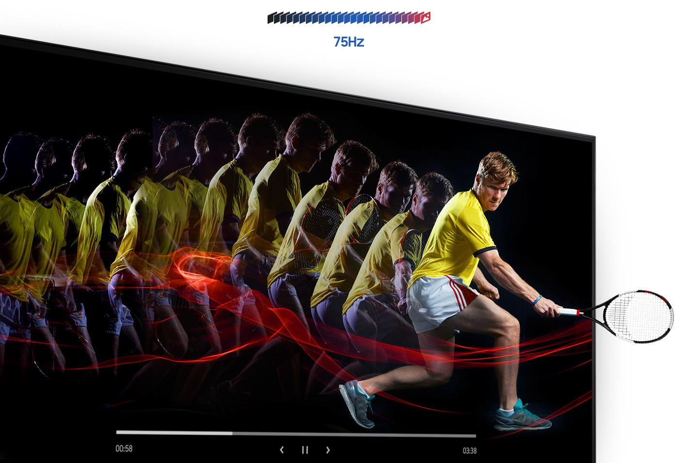 Hay un icono de 75 Hz. El vídeo de un hombre jugando al tenis se muestra con una imagen residual como si estuviera conectado de forma natural.