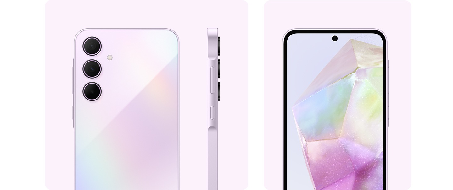 Se muestra un Galaxy A35 5G en color Lila mostrando su diseño de cámara, vista trasera y lateral del diseño de la cámara, y la parte frontal del dispositivo.