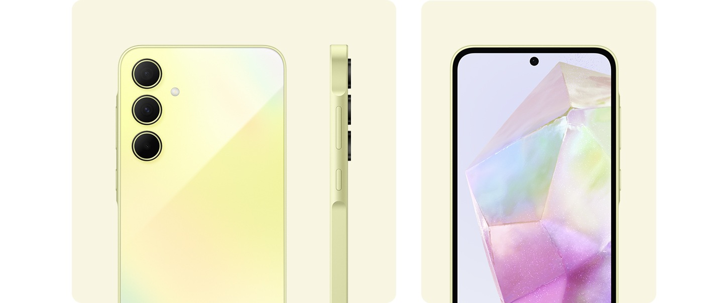 Se muestra el diseño de la cámara de un Galaxy A35 5G en color Verde, la vista trasera y lateral del diseño de la cámara, y la parte frontal del dispositivo.