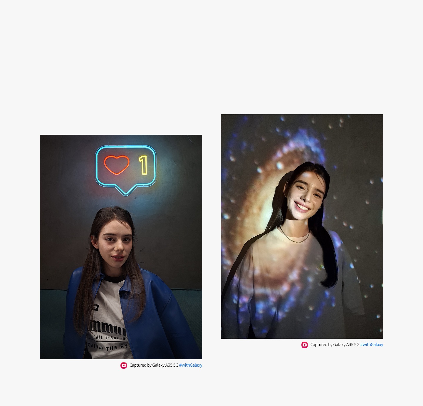 Se muestran dos retratos en condiciones de poca luz. En el primer retrato se ve a una persona sentada, un letrero de neón sobre su cabeza: En el segundo retrato se ve a la persona sonriendo, superpuesta a una luz con efecto de galaxia cósmica. El texto dice Capturado con Galaxy A35 5G #withGalaxy.