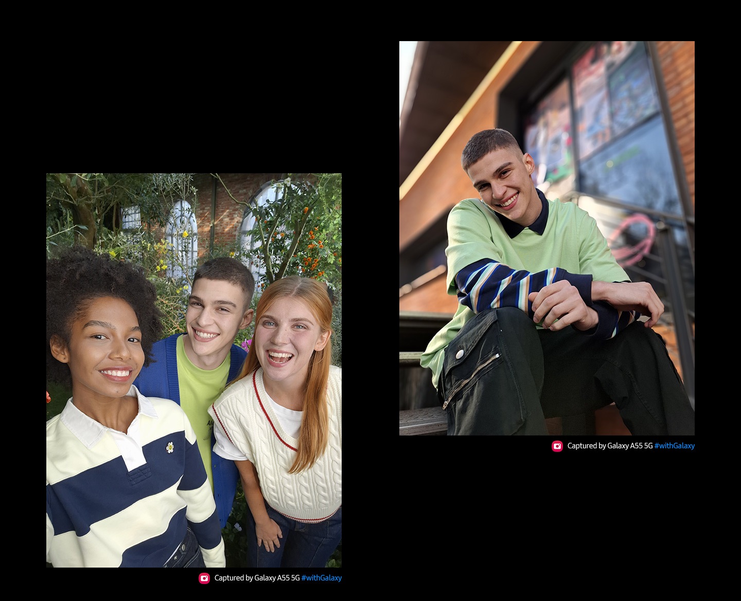 Dos retratos de personas. Primer retrato: Selfie de tres amigos con expresiones alegres, posando muy juntos. Segundo retrato tomado con el modo Retrato: una persona sentada casualmente con una sonrisa, un edificio borroso al fondo. El texto dice Capturado por Galaxy A55 5G #withGalaxy.