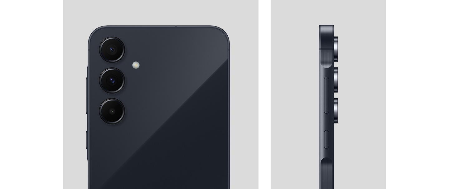 Un Galaxy A55 5G en color Azul Oscuro muestra el diseño de la cámara, la vista trasera del diseño de la cámara y la vista lateral del dispositivo.