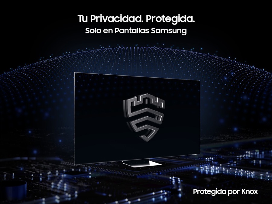 Una solución de seguridad de múltiples capas consiste en crear un recinto tipo cúpula detrás de un televisor protegido por Knox. La pantalla presenta el emblema de Samsung Knox. El texto Tu privacidad. Asegurado. Sólo en Samsung TV se muestra en la parte superior.