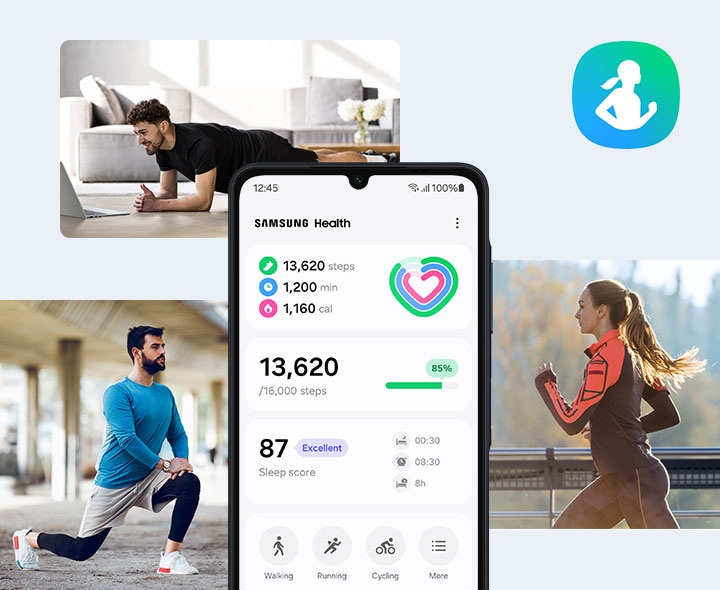 El Galaxy A06 muestra la aplicación Samsung Health, que muestra el recuento de pasos y la puntuación del sueño. Se muestran personas realizando diversas actividades físicas: planchas, estiramientos y carreras.