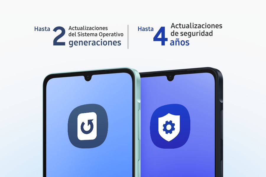 Two Galaxy A06 are shown next to each other with text indicating 'Up to 2 times OS upgrades' and 'Up to 4 years security updates'.