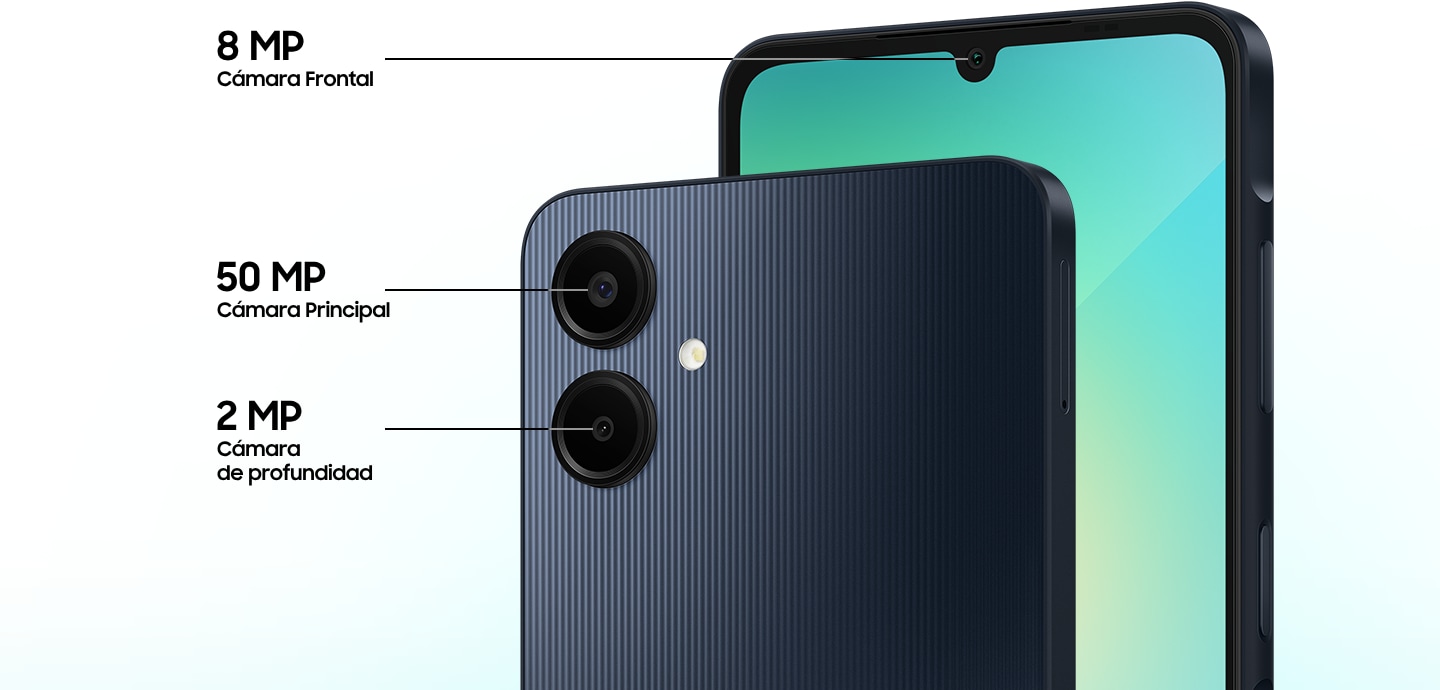 Las especificaciones de la cámara del Galaxy A06 dicen 'cámara frontal de 8 MP', 'cámara principal de 50 MP' y 'cámara de profundidad de 2 MP.