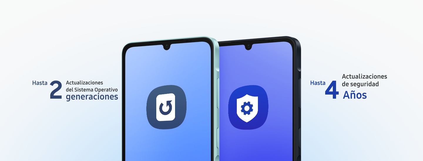 Se muestran dos Galaxy A06 uno al lado del otro con un texto que indica 'Hasta 2 veces actualizaciones del sistema operativo' y 'Hasta 4 años de actualizaciones de seguridad'.