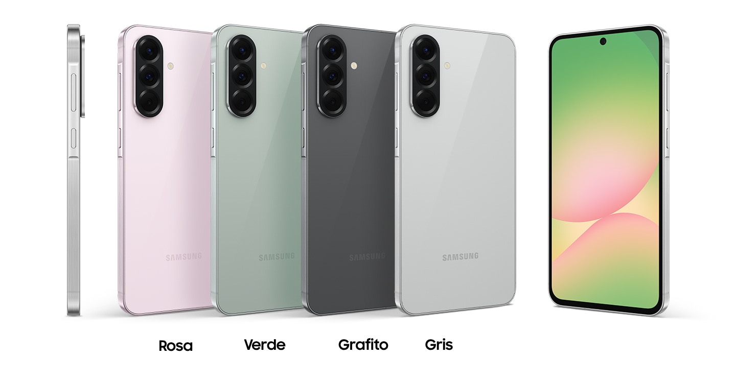 Seis dispositivos Galaxy A56 5G. El del extremo izquierdo está en vista lateral para indicar su fino grosor. Los siguientes cuatro dispositivos se muestran en la misma vista trasera inclinada, con los nombres de color correspondientes: Awesome Pink, Awesome Olive, Awesome Graphite y Awesome Lightgray debajo. A la derecha, un Galaxy A56 5G en una vista frontal ligeramente inclinada con un gráfico abstracto en pantalla.