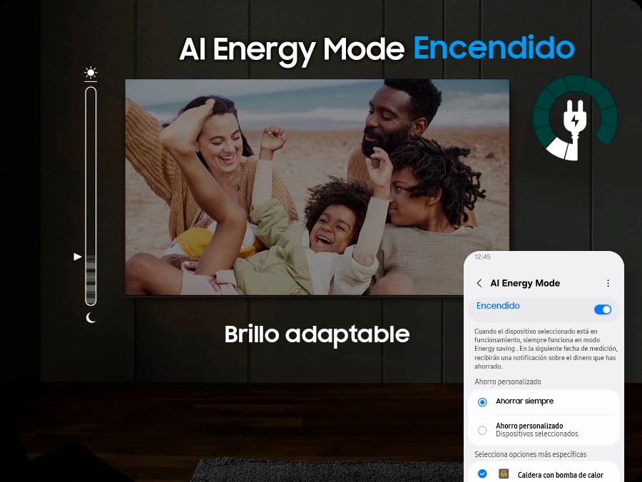 Cuando el Modo Energía IA está desactivado, el entorno del televisor se ve brillante. Aparece la pantalla del smartphone con el Modo Energía IA y este cambia de desactivado a activado. Con el brillo adaptable y el Modo Energía IA activados, el nivel de energía disminuye significativamente y la escala cambia de día a noche.