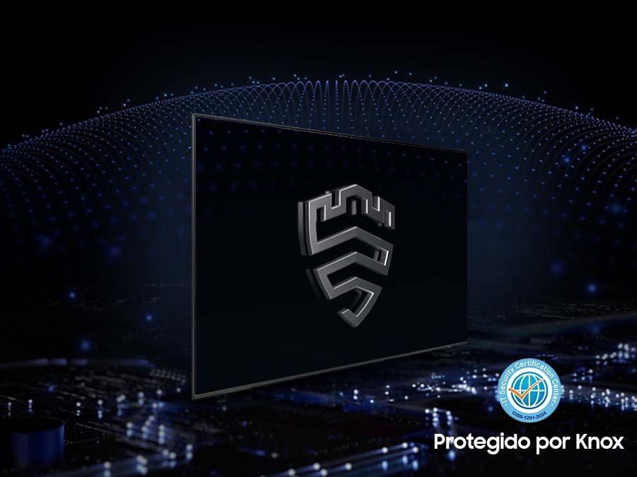 Una solución de seguridad multicapa consiste en crear una carcasa tipo domo detrás de un televisor protegido por Knox. La pantalla luce el emblema de Samsung Knox. El texto "Tu privacidad. Protegida. Solo en televisores Samsung" aparece en la parte superior.