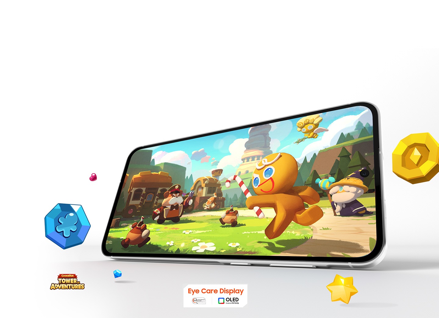 'Galaxy A56 5G colocado horizontalmente. CookieRun: Tower of Adventures aparece en pantalla. Los elementos del juego se colocan aleatoriamente fuera de la pantalla. El texto Eye Care Display, la marca de rendimiento SGS y el logotipo de la tecnología OLED se encuentran en la parte inferior. El logotipo de CookieRun: Tower of Adventures aparece en la parte inferior.