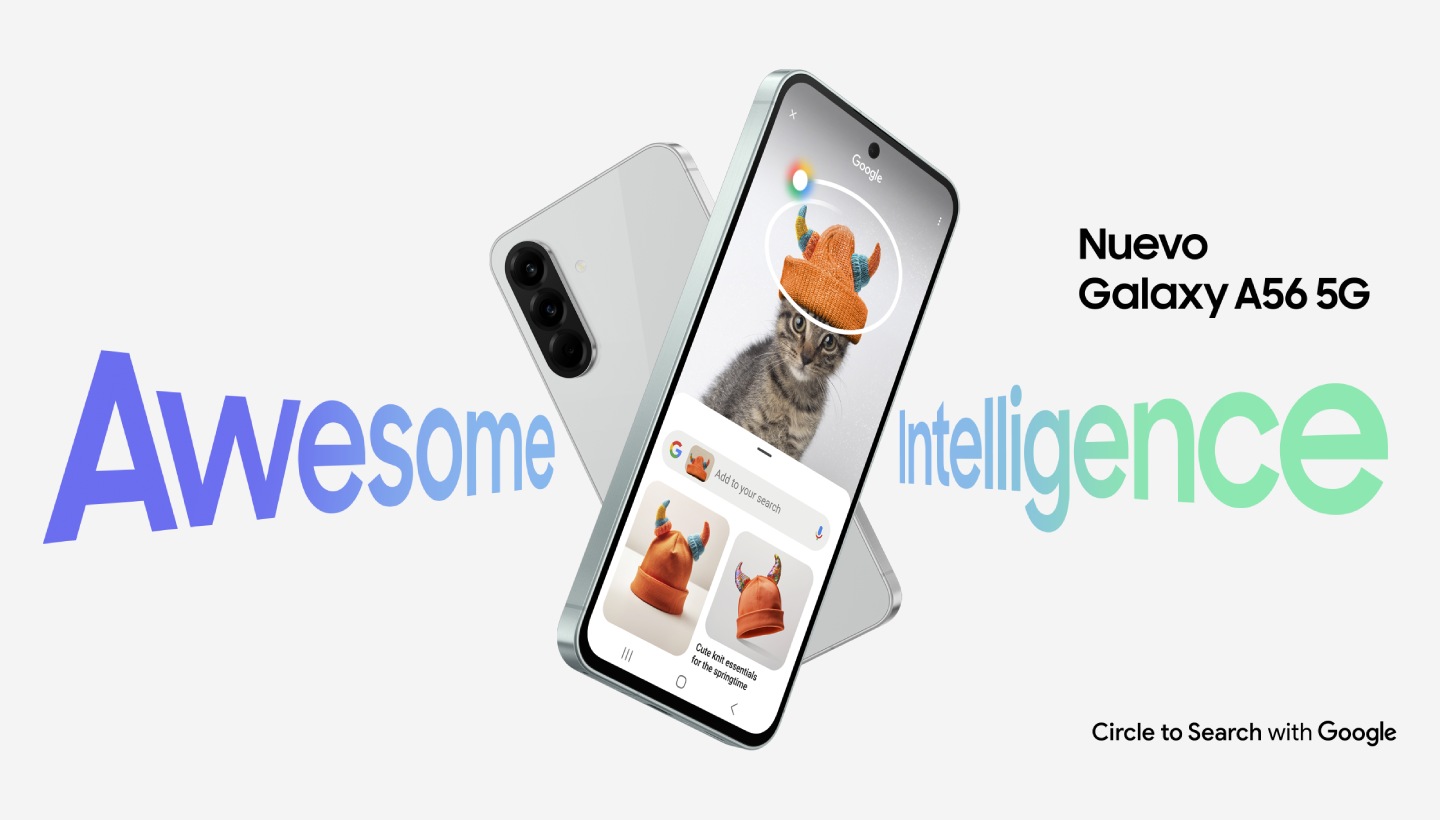 Dos dispositivos Galaxy A56 5G en forma de X. El de la parte trasera se ve desde atrás. El de la parte delantera tiene la función "Circular para buscar" en pantalla. Se puede ver el texto "Inteligencia Asombrosa" y el nuevo Galaxy A56 5G. El texto "Circular para buscar con Google" se encuentra en la parte inferior derecha.