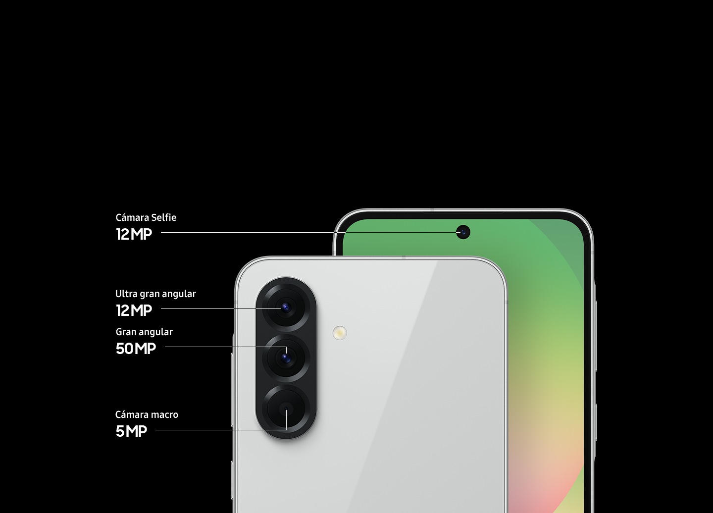Dos dispositivos Galaxy A56 5G. El frontal se ve desde atrás, ligeramente superpuesto al anterior. Muestra las tres cámaras en primer plano, cada una con el texto correspondiente: Ultra gran angular de 12 megapíxeles, Gran angular de 50 megapíxeles y Cámara macro de 5 megapíxeles. El posterior se ve desde adelante, mostrando la cámara frontal con el texto correspondiente: Cámara selfie de 12 megapíxeles.