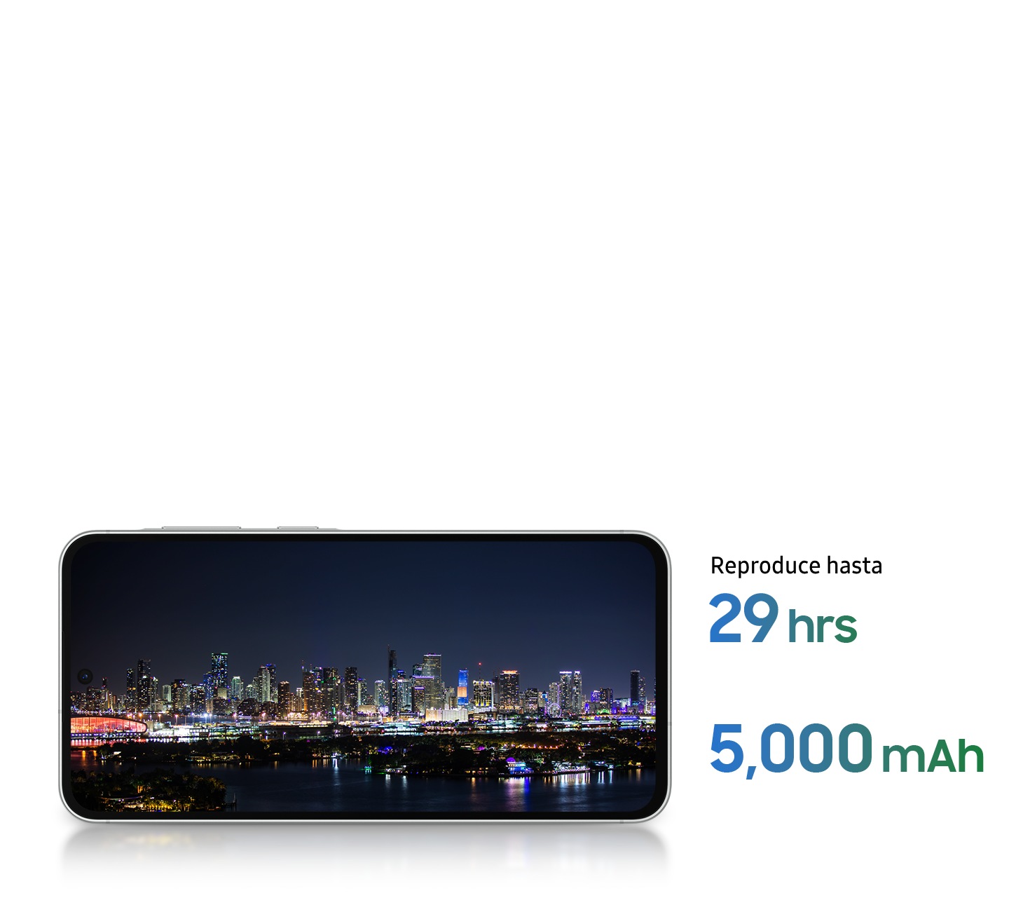 Galaxy A56 5G en posición horizontal. Vista nocturna de un río y edificios altos en pantalla. Reloj con hasta 29 horas de duración y 5000 miliamperios hora.