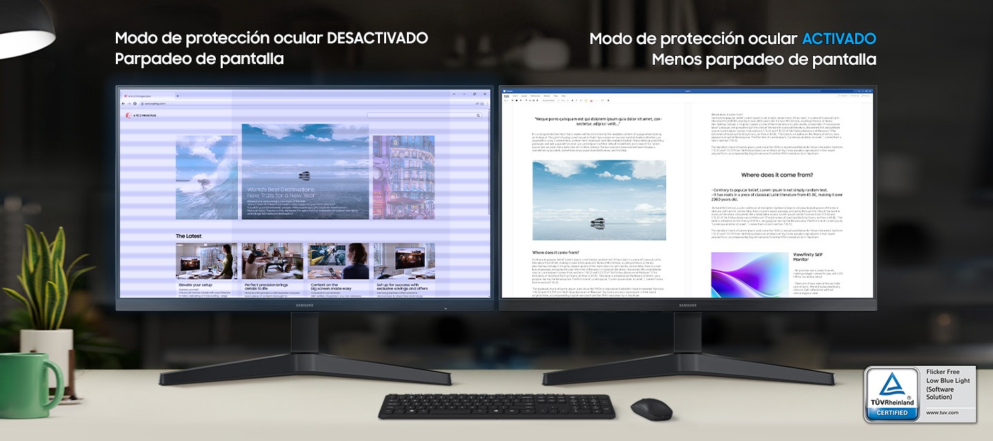 Un monitor con el Eye Saver Mode apagado muestra que la pantalla parpadea y el otro con el Eye Saver Mode encendido muestra menos parpadeo de la pantalla. Logotipo de www.tuv.com de TÜVRheinland® Certified Flicker Free Low Blue Light (Solución de software).