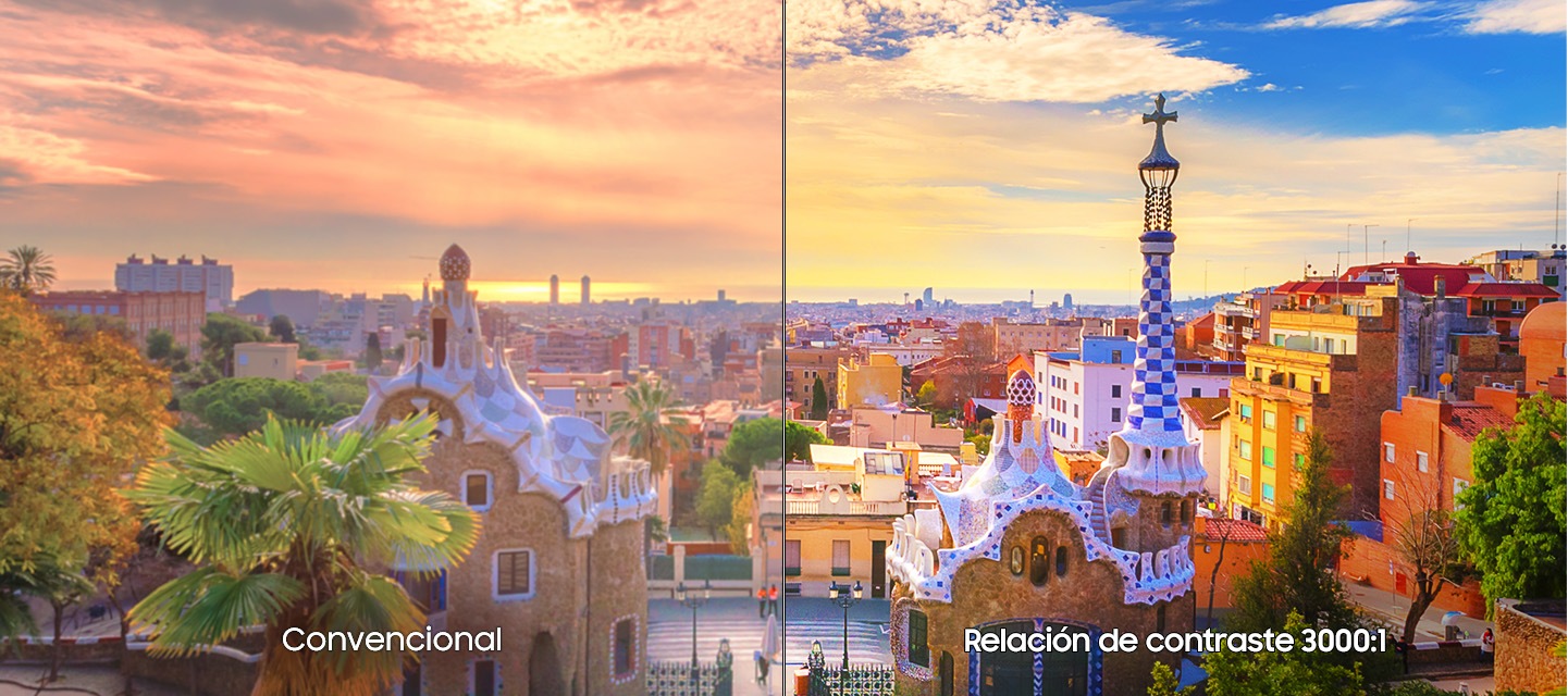 Un paisaje urbano se divide por la mitad. La pantalla convencional de la izquierda muestra menos detalles, mientras que la pantalla de relación de contraste 3000:1 de la derecha muestra más detalles claramente.