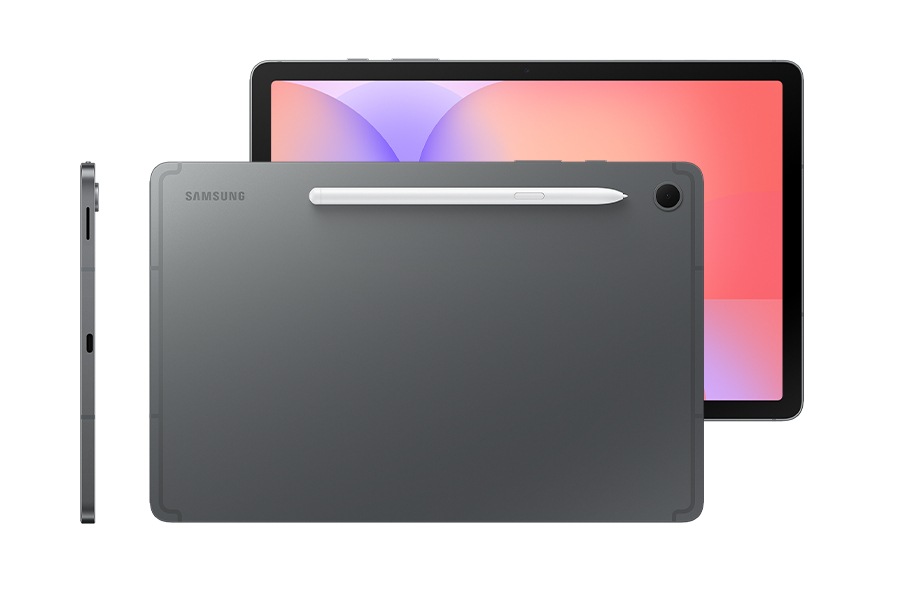 Galaxy Tab S10 Lite en gris se muestra horizontalmente con S Pen conectado magnéticamente a la parte superior, destacando la facilidad para guardar la pluma. Por detrás, otro Galaxy Tab S10 Lite en gris muestra una pantalla brillante con fondo de pantalla colorido que enfatiza la gran pantalla para brindar una visualización inmersiva. Una vista lateral muestra el elegante diseño delgado de 6.6 mm que la distingue como una tablet moderna y elegante.