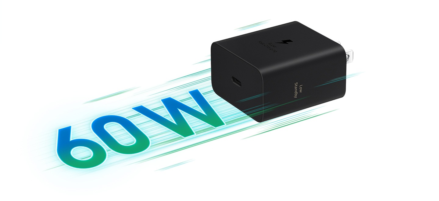 Un adaptador de corriente negro de 60W está colocado hacia arriba con el texto “Low Standby".