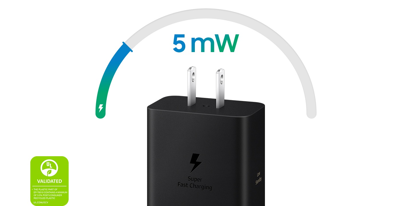 Un adaptador de corriente negro de 60W está colocado hacia arriba con el texto “Low Standby”