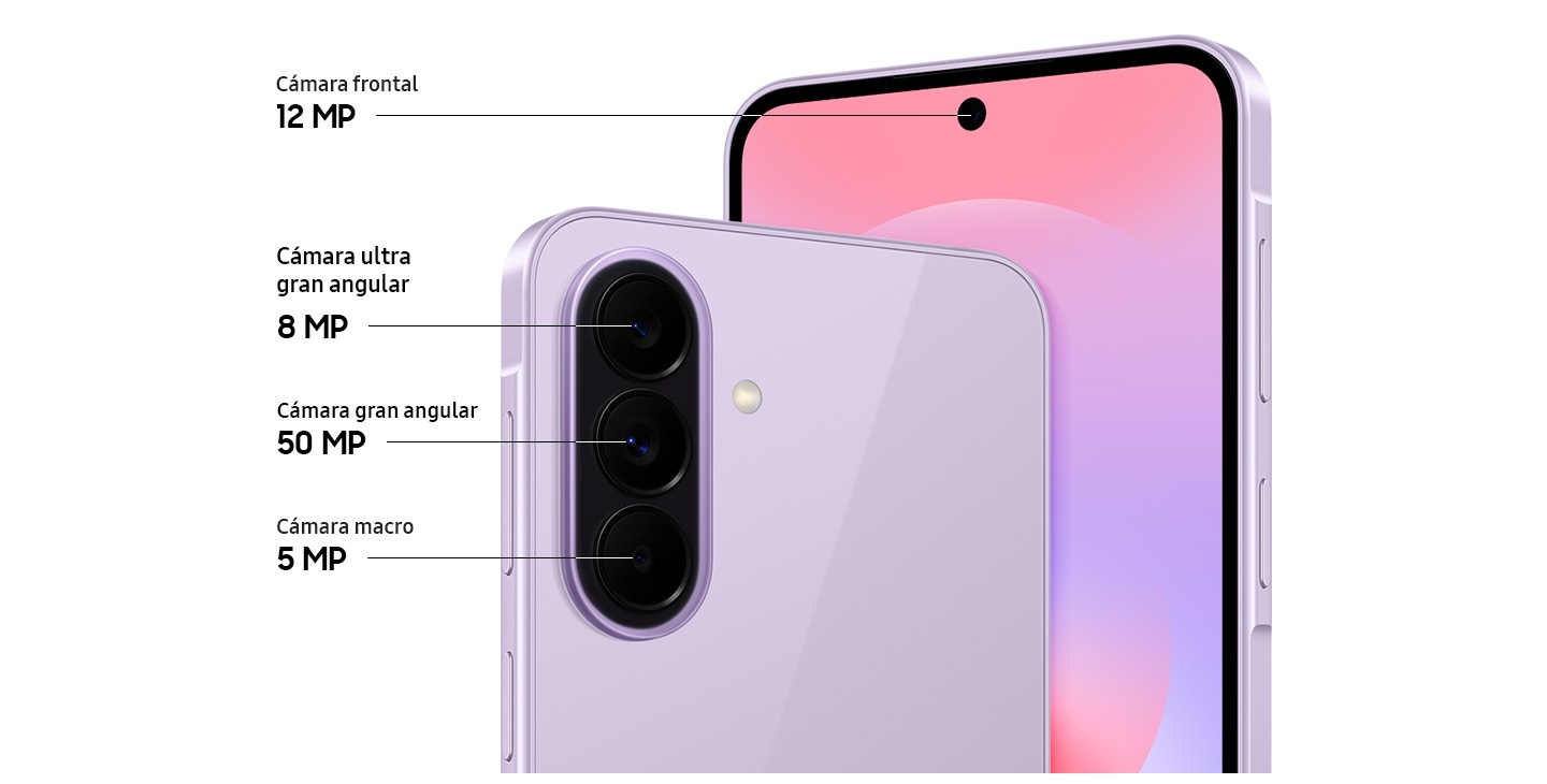 Primer plano del sistema de Cámara triple en la parte posterior del Galaxy A37 5G en Lavanda Increíble y un primer plano de la Cámara Frontal. El Galaxy A37 5G está equipado con una Cámara Gran Angular de 50 MP, una Cámara Ultra Gran Angular de 8 MP y una Cámara Macro de 5 MP en la parte posterior, y una Cámara Frontal de 12 MP.