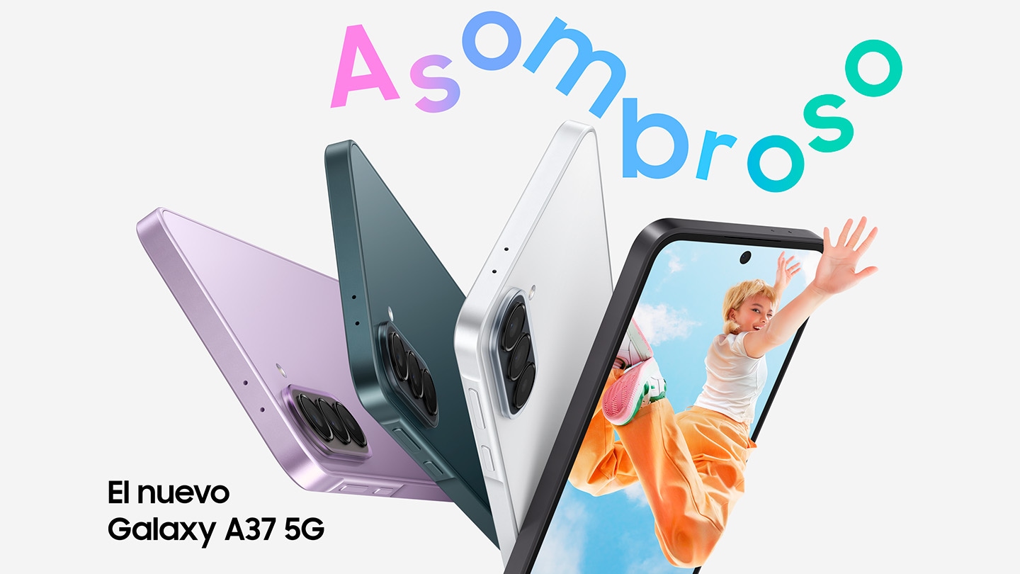 El Galaxy A37 5G en Lavanda Increíble, Verde Grisáceo Increíble y Blanco Increíble se muestra desde la vista lateral y trasera, para destacar el diseño delgado y el sistema de triple cámara en la parte posterior. El Galaxy A37 5G en Carbón Increíble está orientado ligeramente a la derecha con una imagen colorida en la pantalla de una mujer joven saltando en el aire con la mano extendida fuera de la pantalla del teléfono. Increíble. El nuevo Galaxy A37 5G.