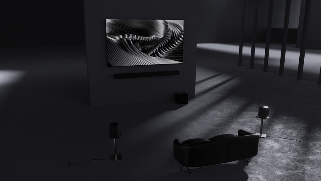 Close-up of Q-Series Soundbar Q930F. Zoom out to Q930F below TV in a room. Q930F inner components show how 9.1.4ch fully immersive surround sound is created. Immerse yourself in breathtaking sound. Subwoofer inner components are shown. 6.5-inch active unit with 8-inch passive radiator. Soundwaves play from subwoofer. Rear speaker inner components are shown and soundwaves show upfiring channels. Soundwaves in various directions show Wireless Dolby Atmos with Dolby Atmos logo. Cable between TV and soundbar disappears. Immersive sound without an HDMI cable. TV & Soundbar speakers work together in perfect harmony with Q-Symphony. SpaceFit Sound Pro analyzes the room for stunning sound automatically tuned and calibrated for your space. Active Voice Amplifier Pro boosts voices based on outside noise and in-content audio, so you can catch every word without distraction. Adaptive Sound plays sound and dialogue optimized for your content. Q930F setup with TV. Samsung logo.