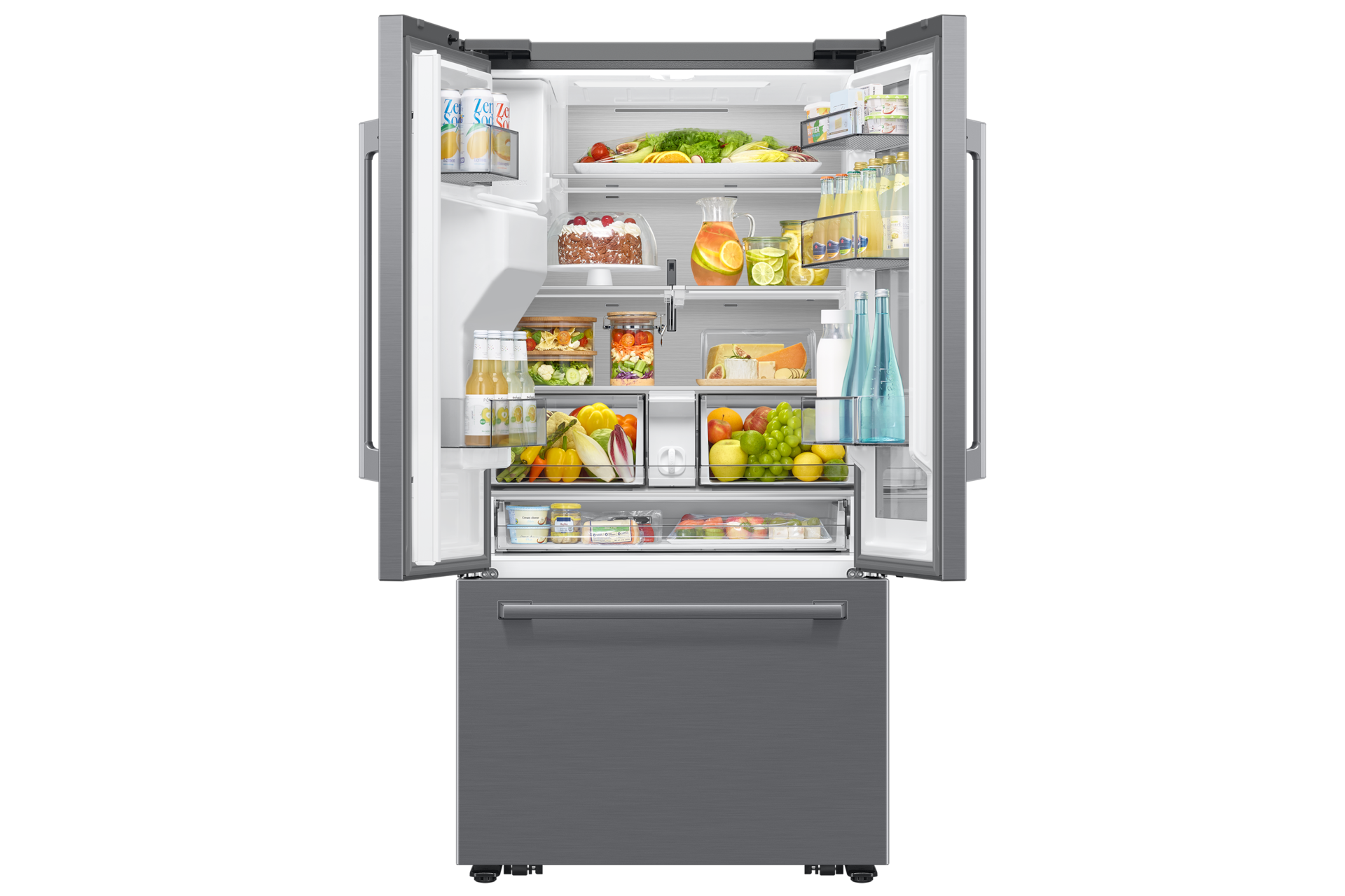 French Door Refrigerator Auto View 28.5 cu.ft Front-Open-With-Food Silver 