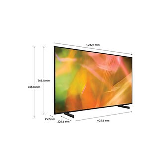 Dimensiones de Samsung Crystal UHD TV AU8000 con soporte de pie negro.