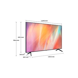 Dimensiones de Samsung UHD TV AU7000 con soporte de pie gris.