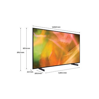 Dimensiones de Samsung Crystal UHD TV AU8000 con soporte de pie negro.