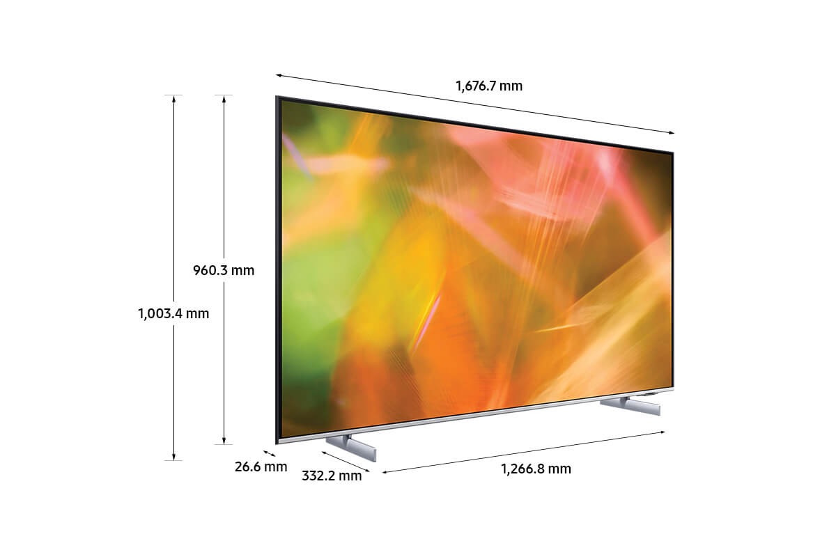 Dimensiones de Samsung Crystal UHD TV AU8000 con soporte de pie plata.
