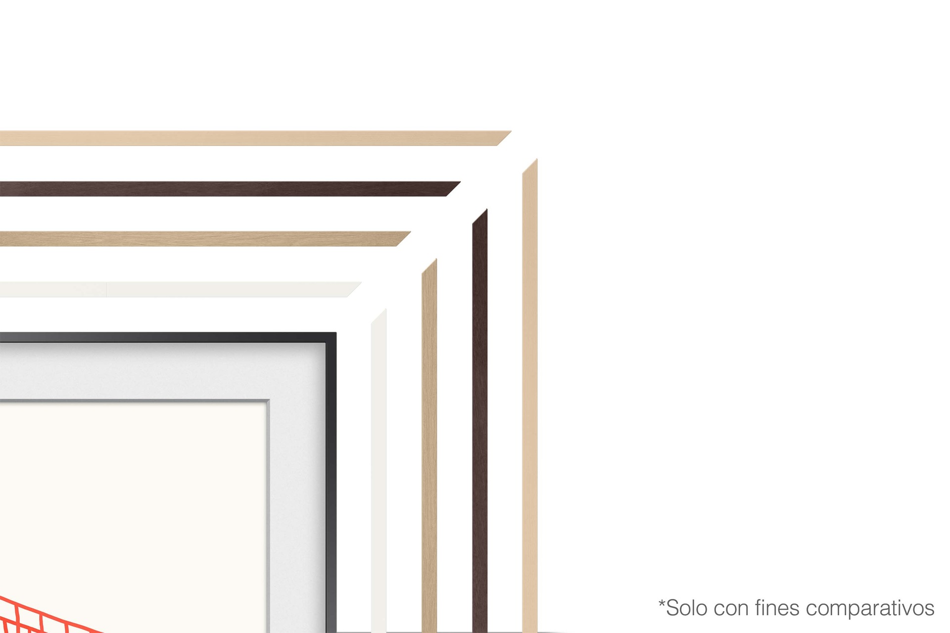 Marco Customizable Frame en colores café, teca y blanco para Modern Style, y ladrillo rojo y blanco para Beveled Style.