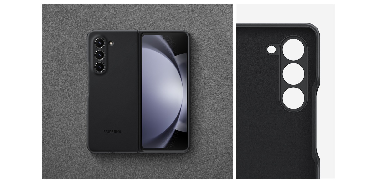 A back view of an unfolded Galaxy Z Fold5 covered with an Eco-Leather Case in black. Next to it is a close-up of the case's camera hole.